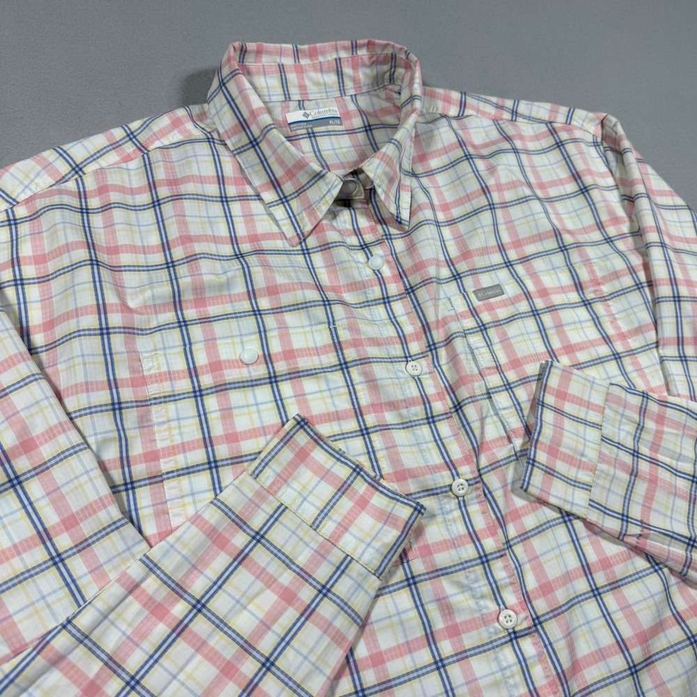 Columbia Womens XL Pink Blue Plaid Long Sleeve Button Down Hiking Shirt AL9987